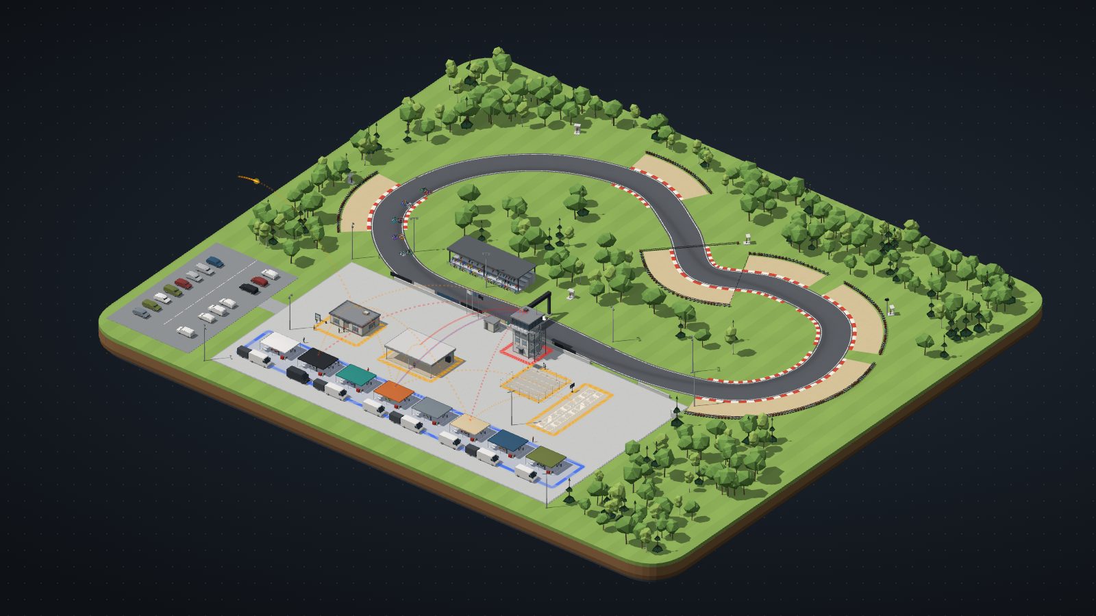 Circuito isométrico: pista, boxes, secretaría, verificaciones técnicas, pre-parrilla y torre de comisarios